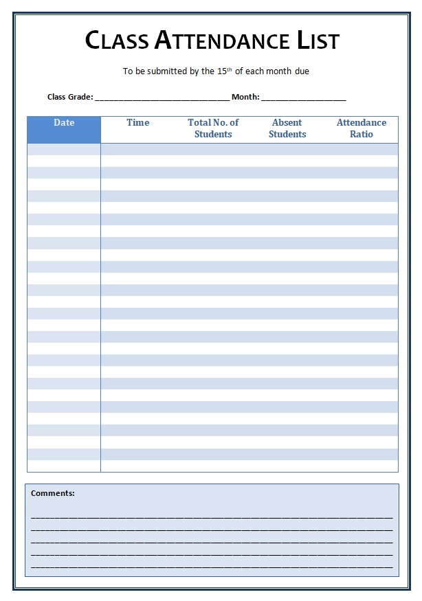 School Attendance Sheet Template