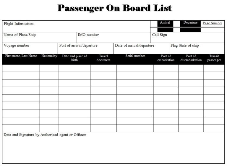 Passenger on Board List Template - Free List Templates